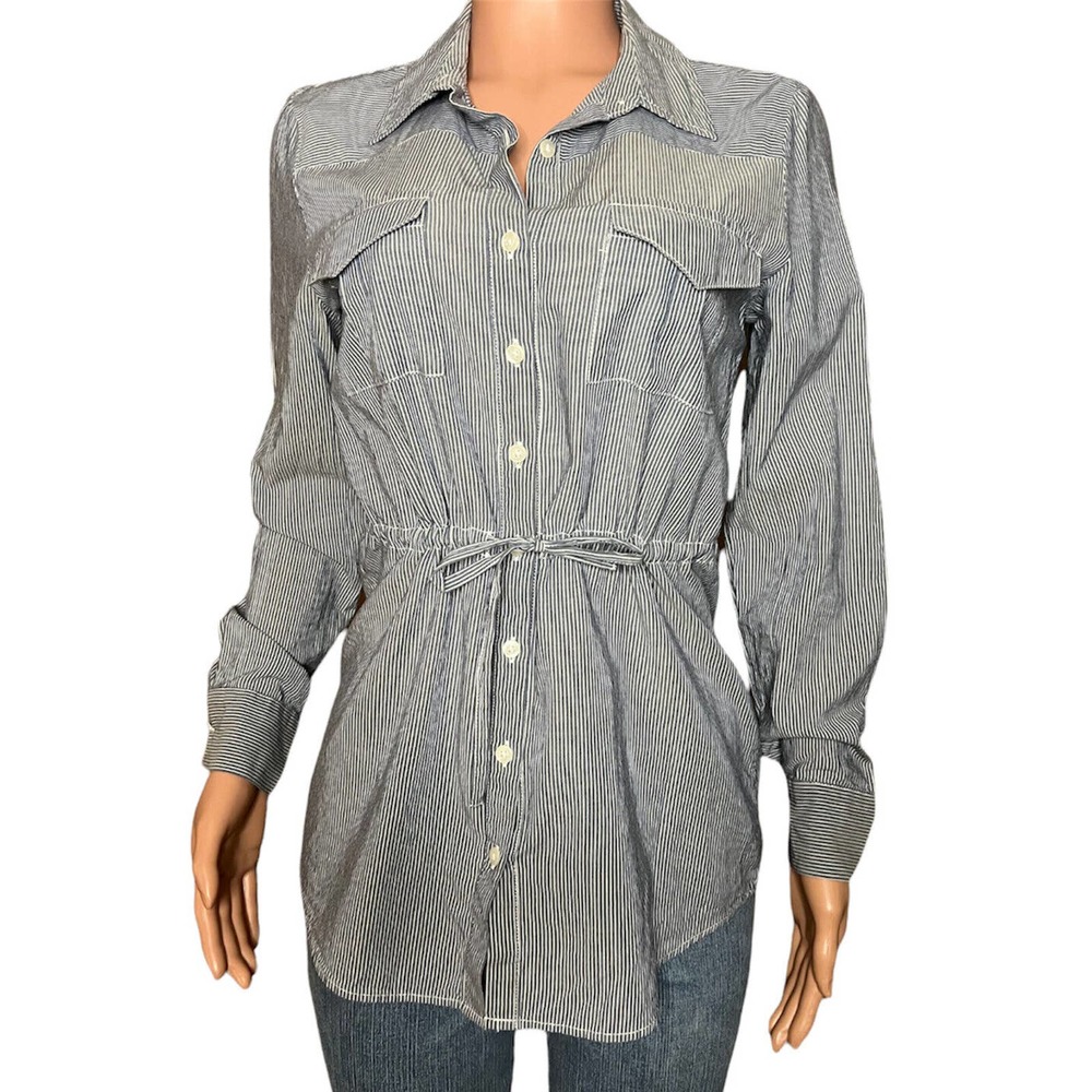 Tommy Hilfiger Shirt Womens Petite Small PS Long Sleeve Tie Waist Blue Stripe